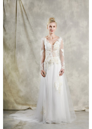 Long Sleeve Ivory Lace Tulle Illusion Buttons Back Wedding Dress